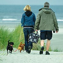 Paar mit 2 Dackeln geht zum Strand