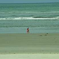 Frau mit Kindern spazieren am Strand